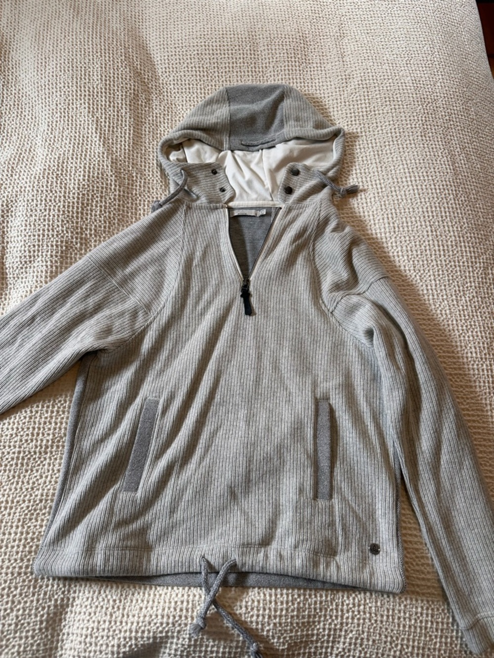 Prana Light Gray Ribbed Hooded Quarter-Zip Sweater
